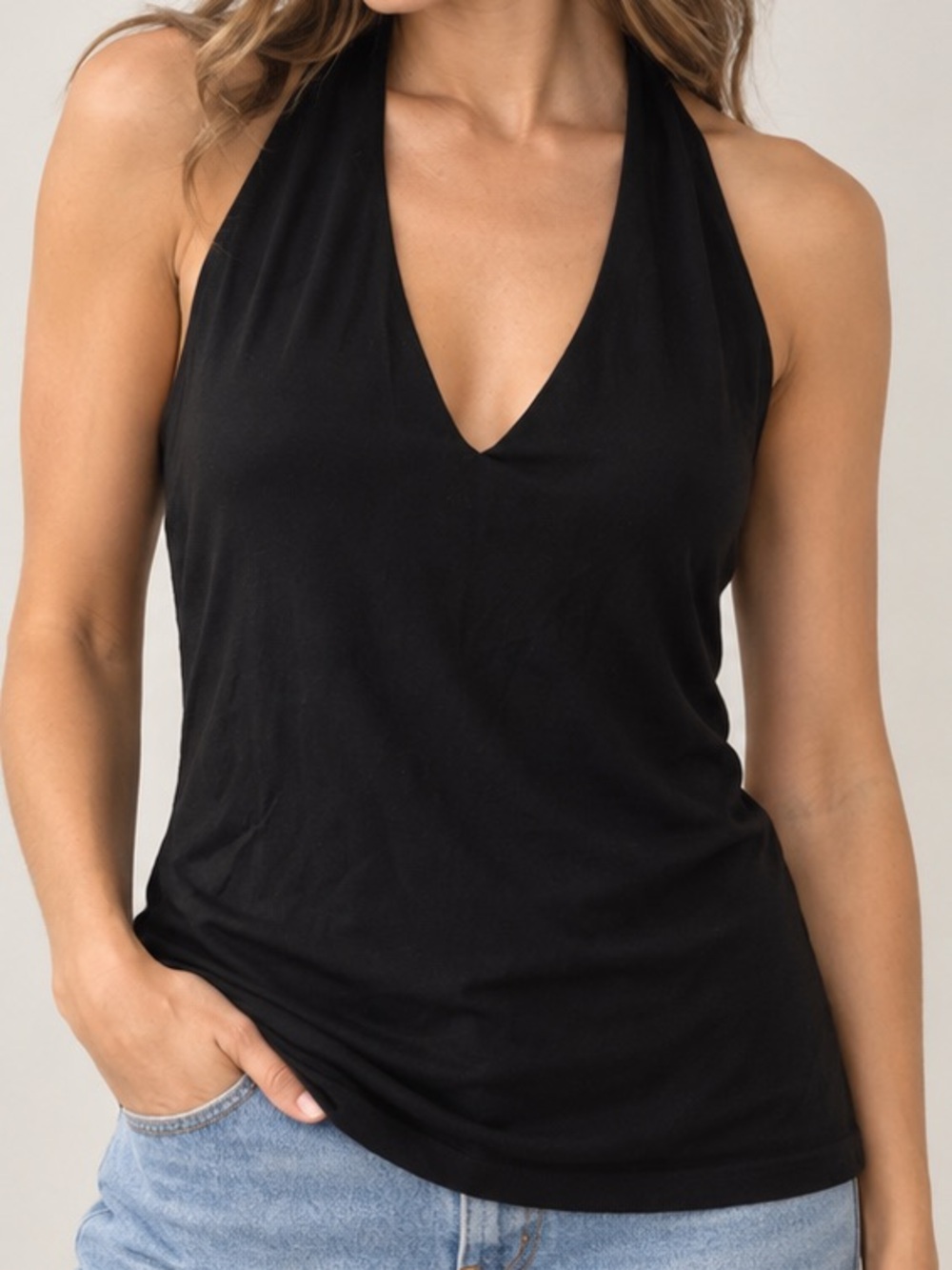 Ann Taylor Black Open Back Halter V Neck Stretch Top M